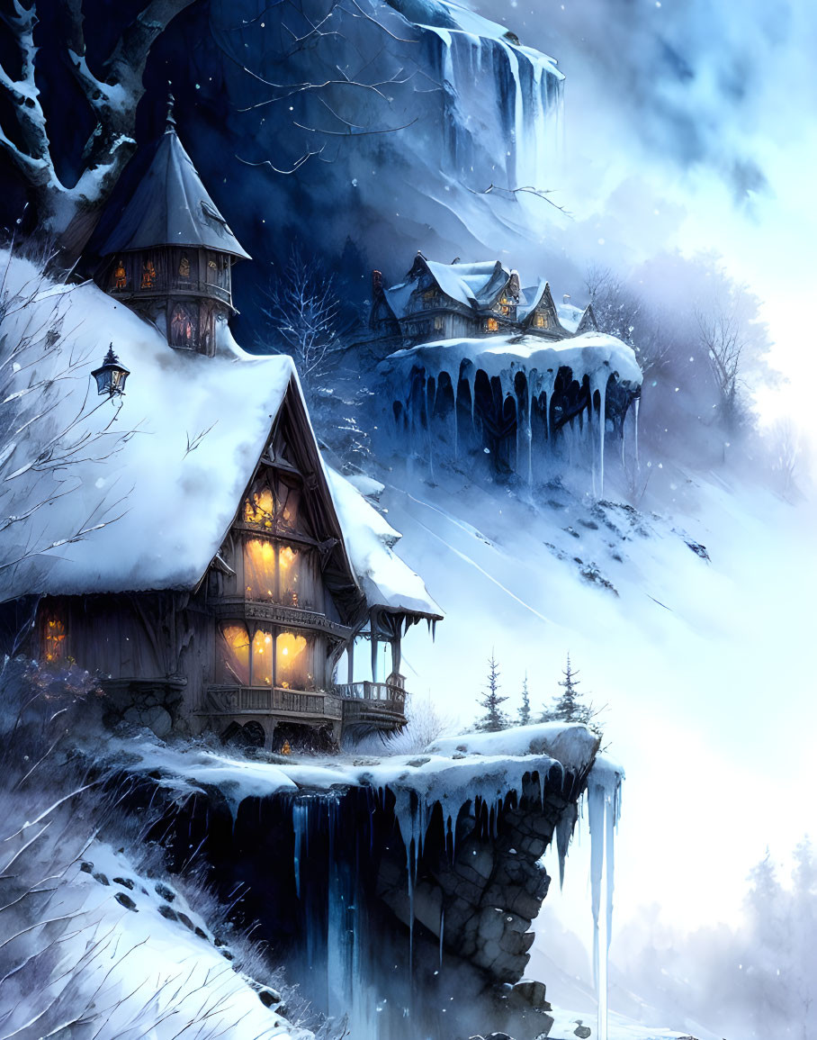 Snow-covered chalets by icy cliffs under twilight sky