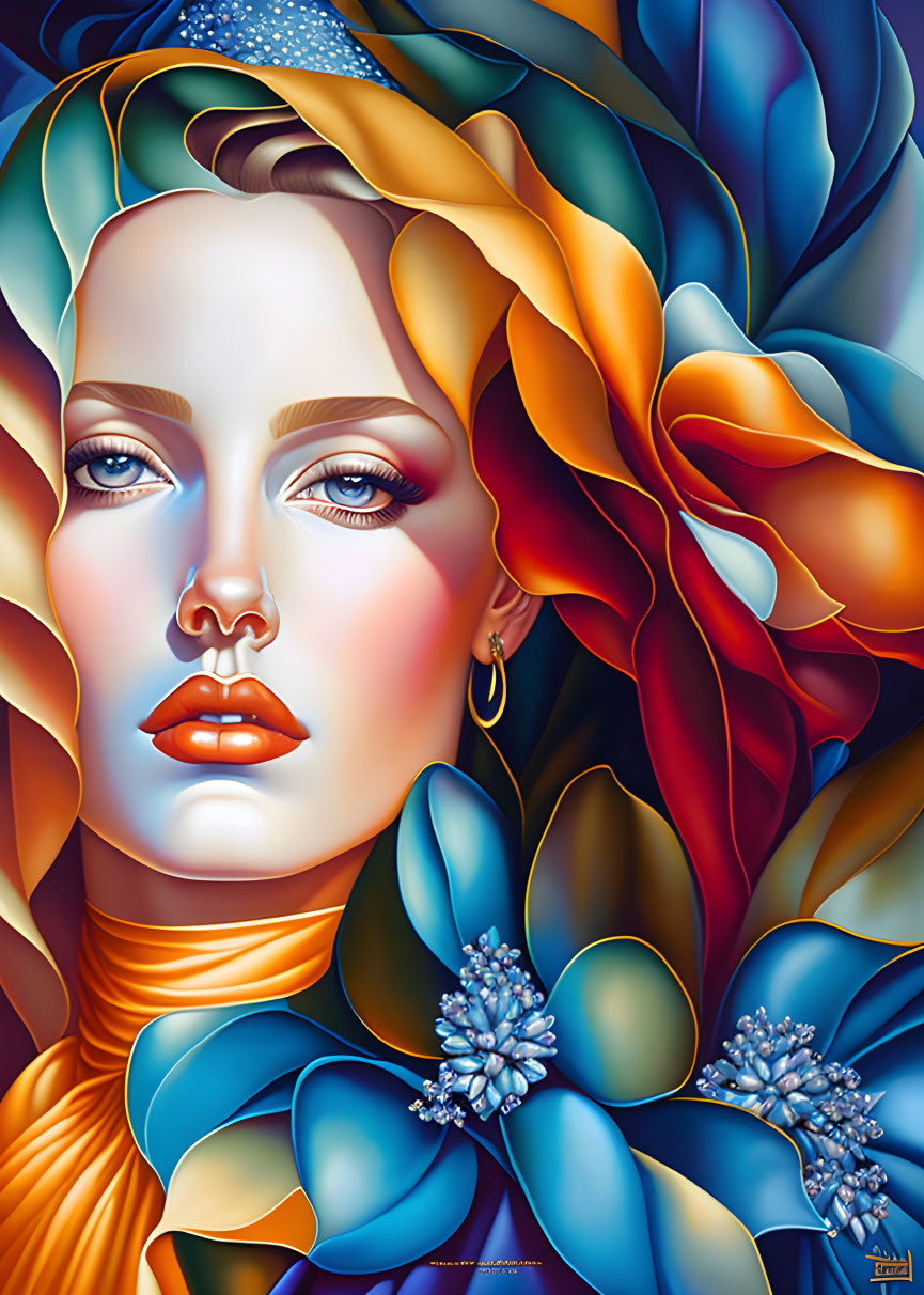 Colorful Stylized Woman Illustration with Floral Elements in Blue and Orange