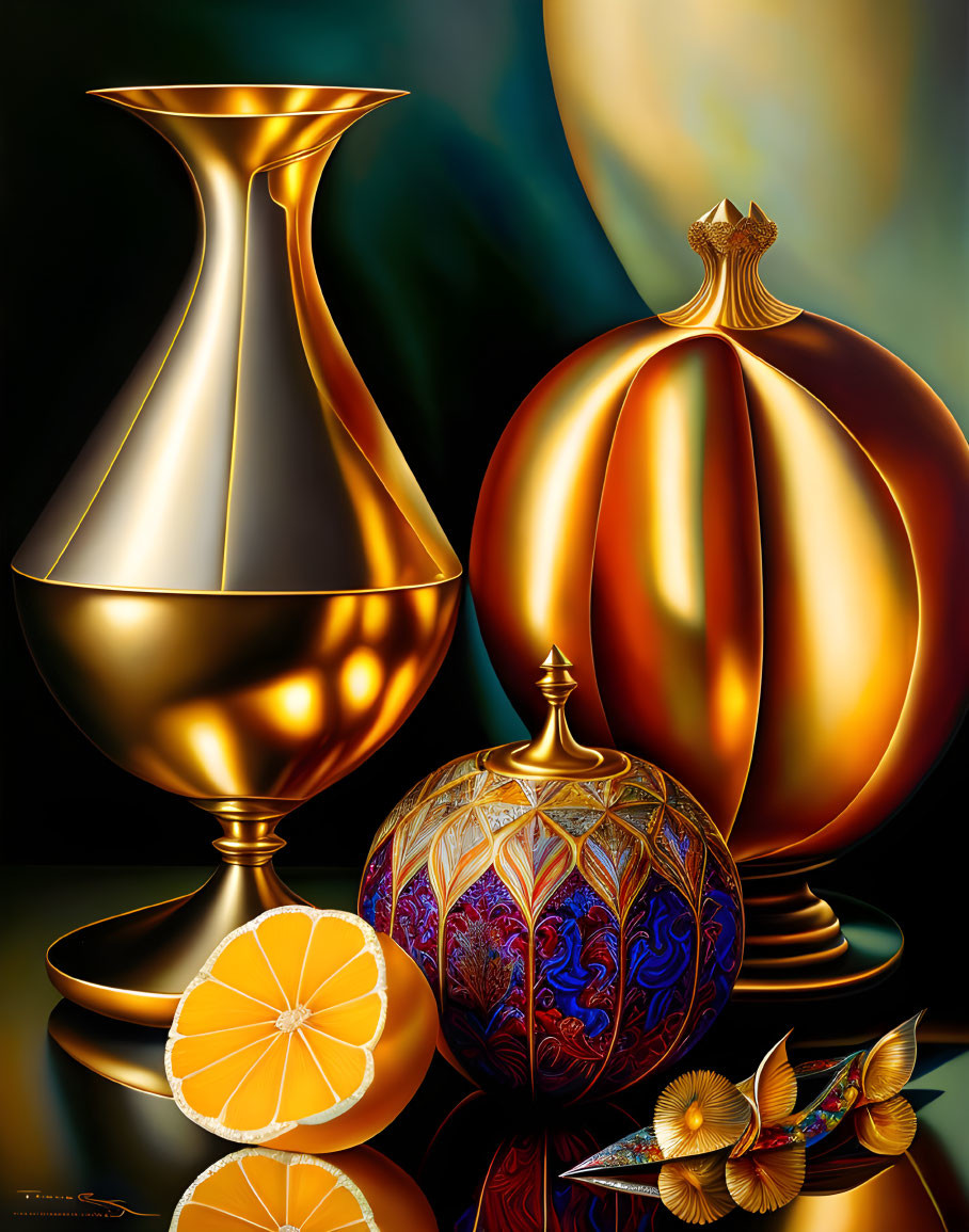 Ornate golden vases, decorated egg, citrus slices, and flowers on dark backdrop.