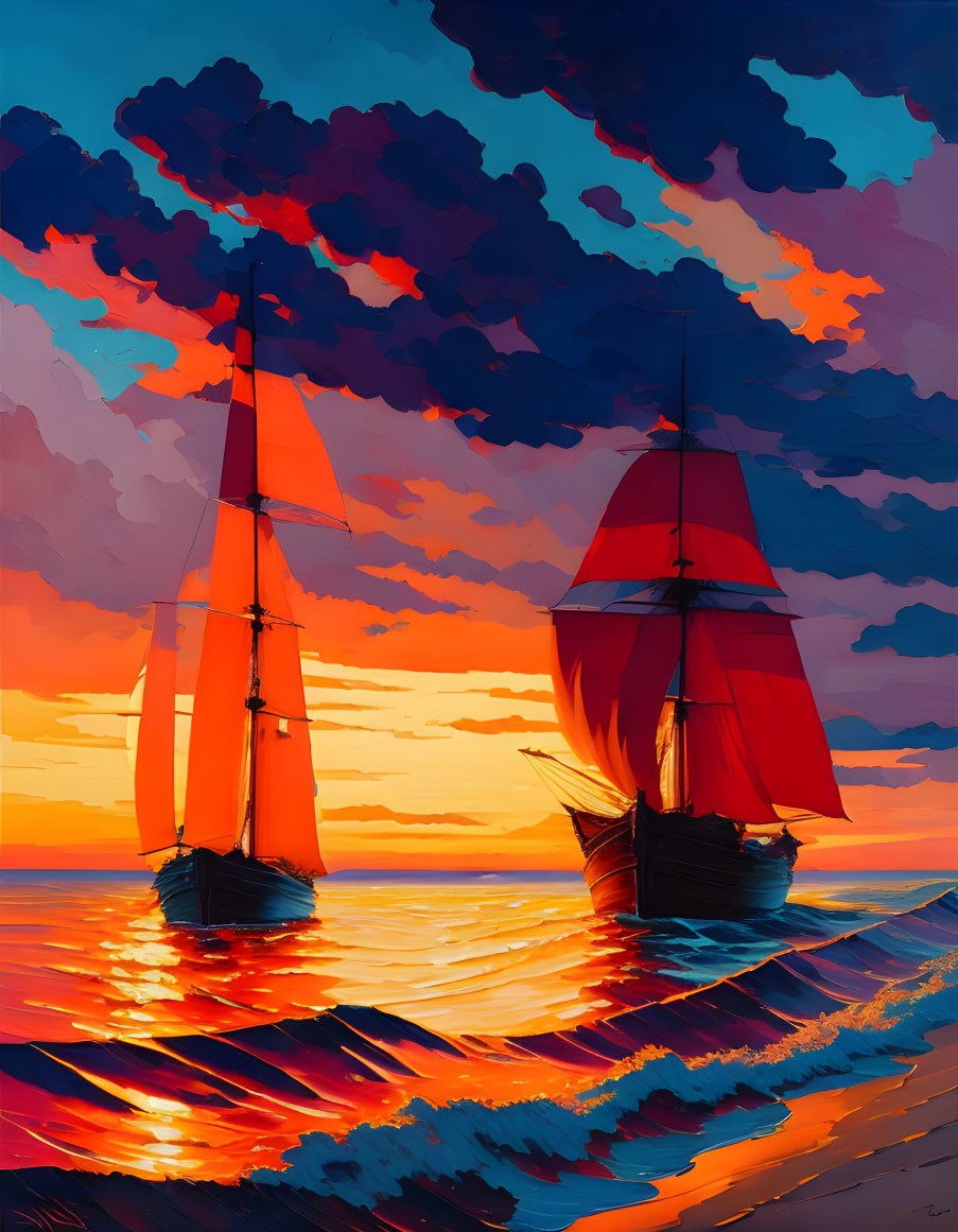 Colorful seascape with two ships and red sails under a vibrant sunset sky