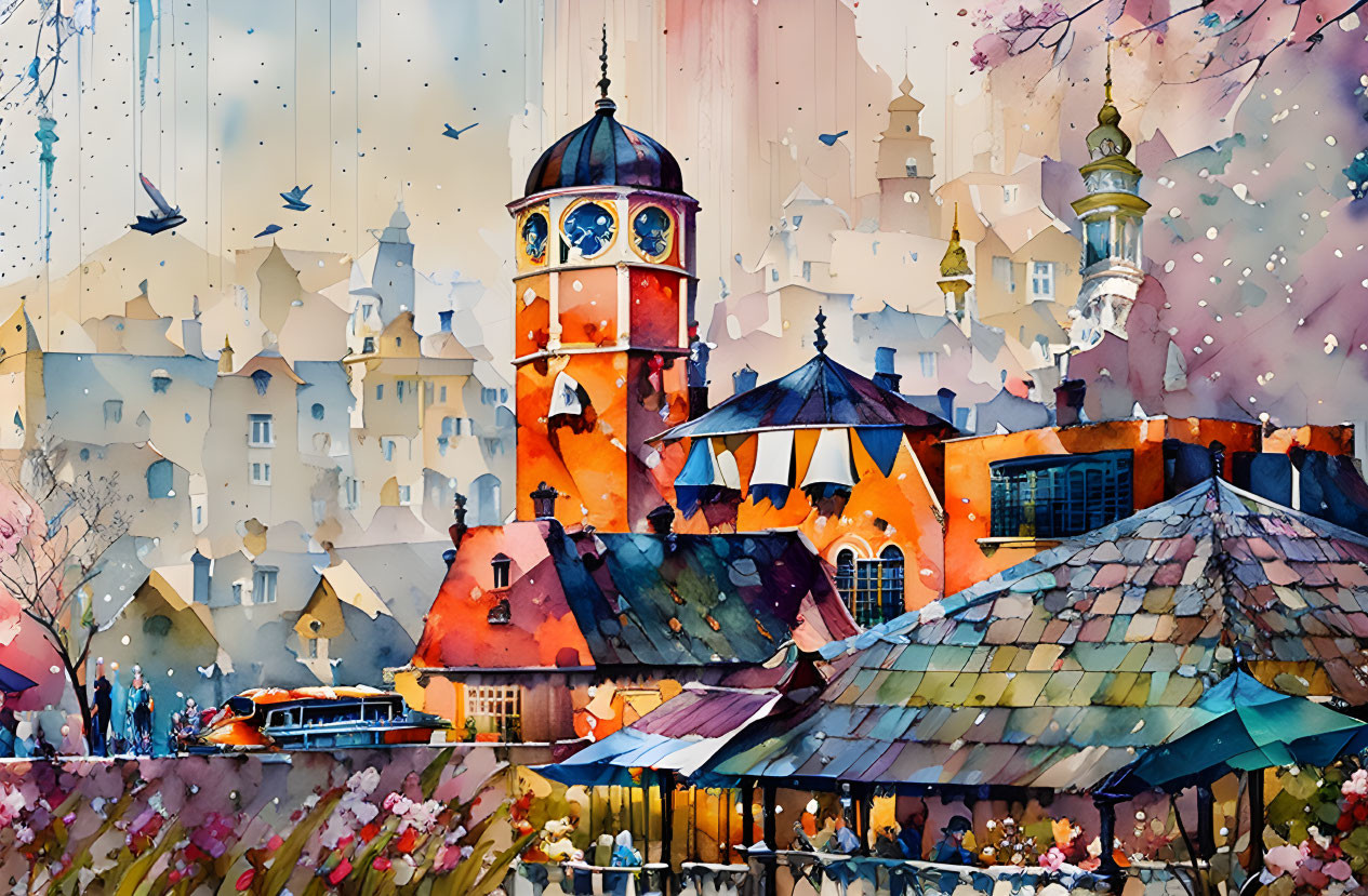 Colorful Watercolor Painting of Quaint Townscape