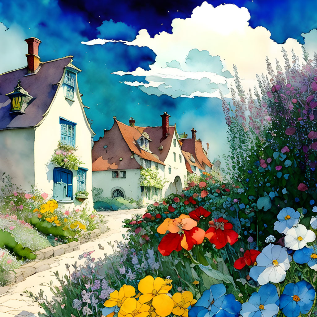 Charming Thatched Roof Cottages in Colorful Garden