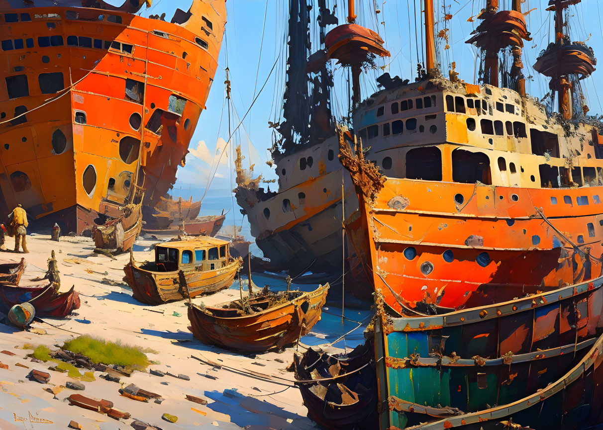 Rustic ships and boats in sunny ship graveyard