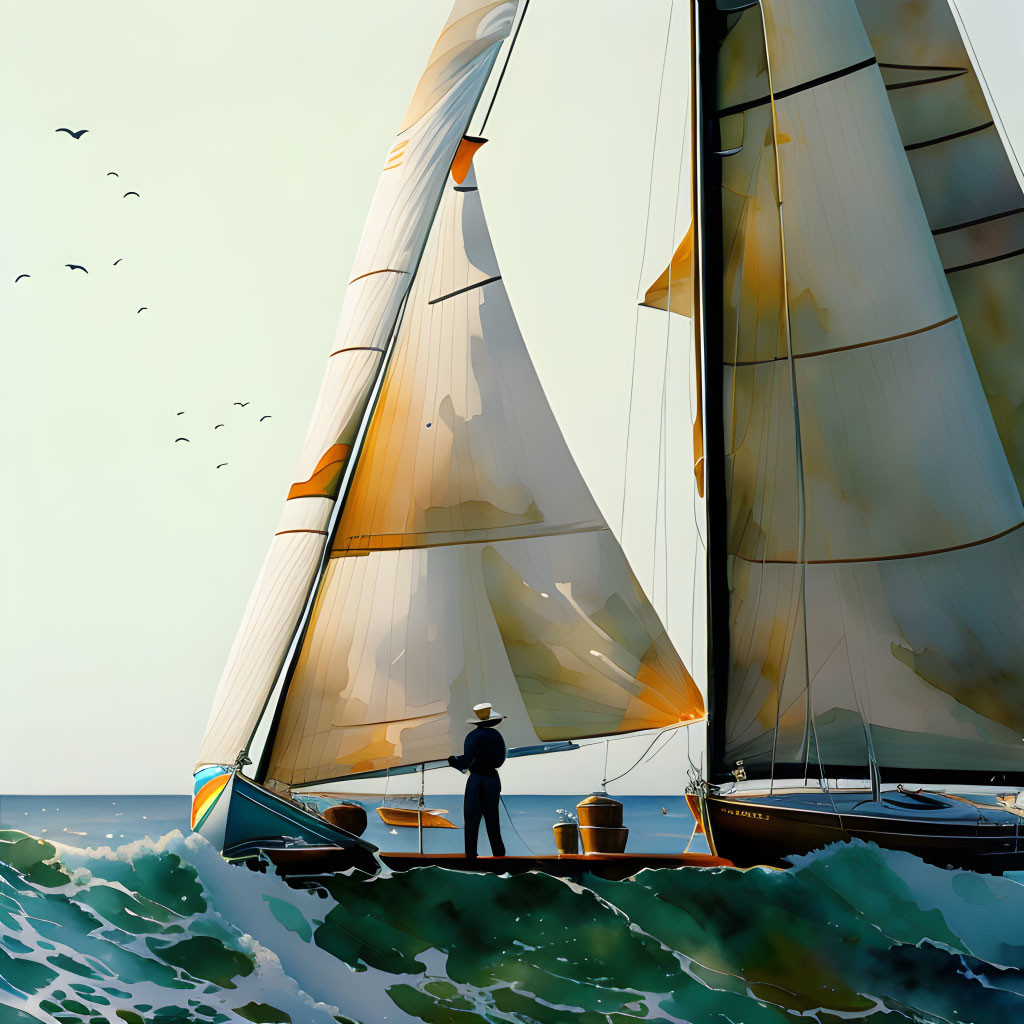 Person on Sailboat Bow with Full White Sails and Clear Sky