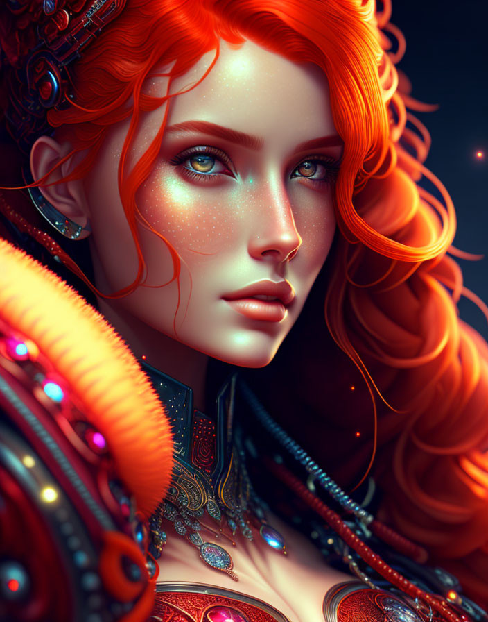 Vibrant digital portrait of a woman with red hair and emerald eyes.