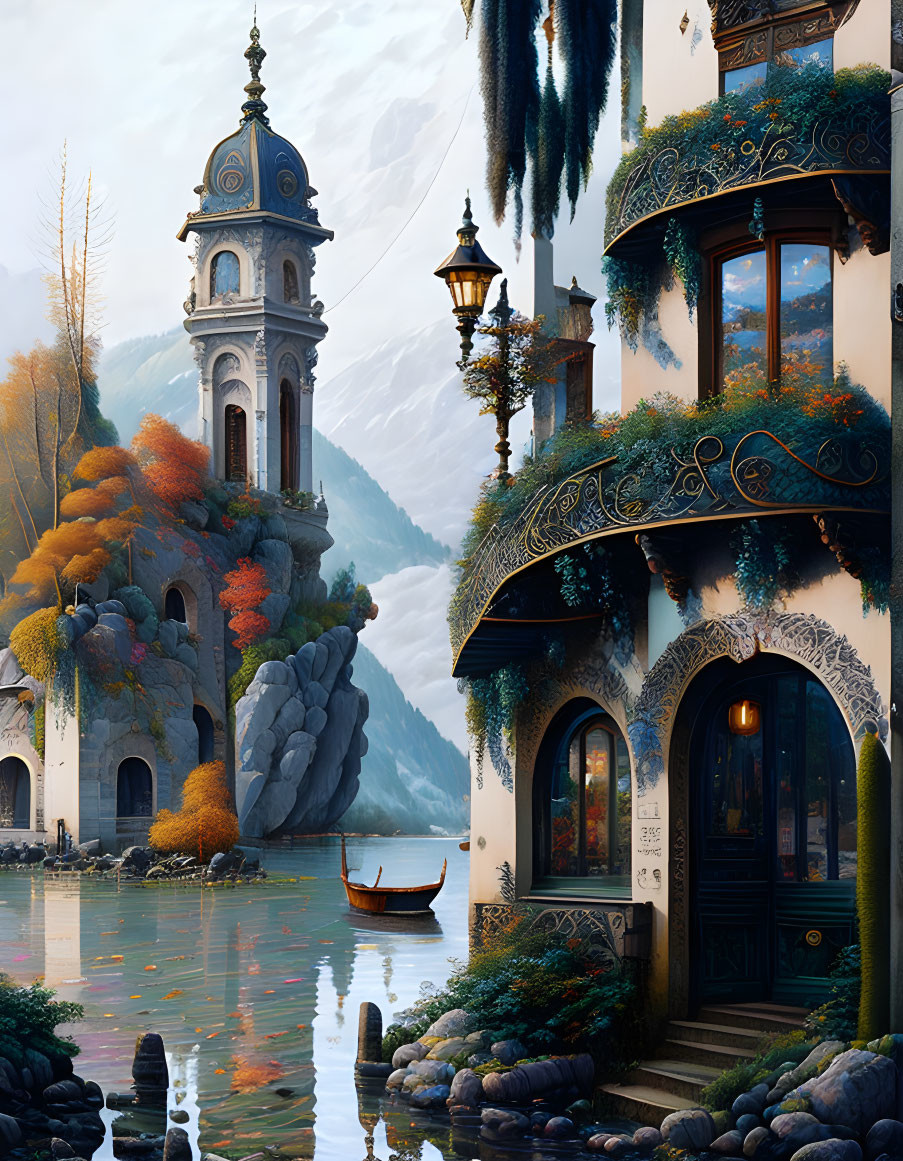 Tranquil lakeside landscape with traditional tower, decorated building, and autumn scenery