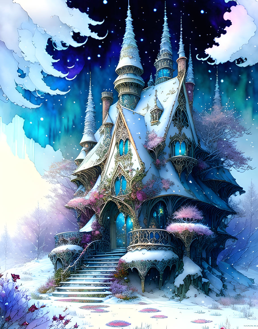 Snow-covered castle in winter wonderland with pink foliage under starry sky