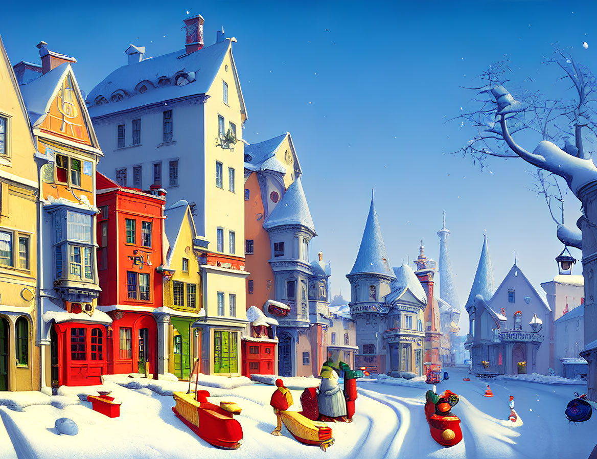 Colorful Winter Village Scene with Playful Elements