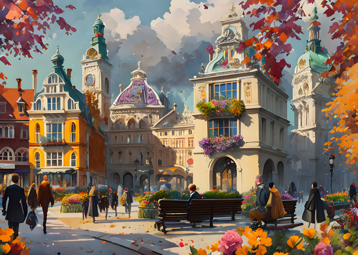 Historical European town square bustling with people and autumn foliage