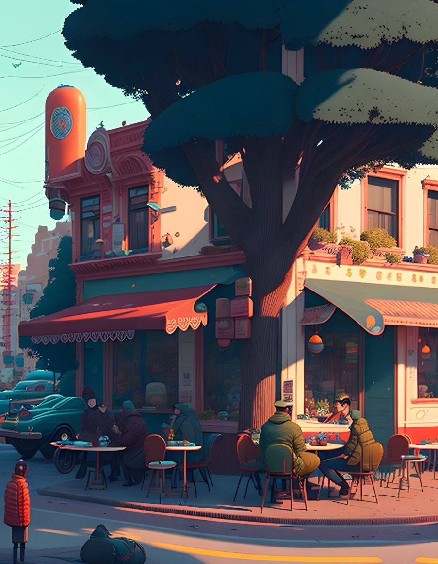 Cosy café scene with classic car and lush tree on vibrant street corner