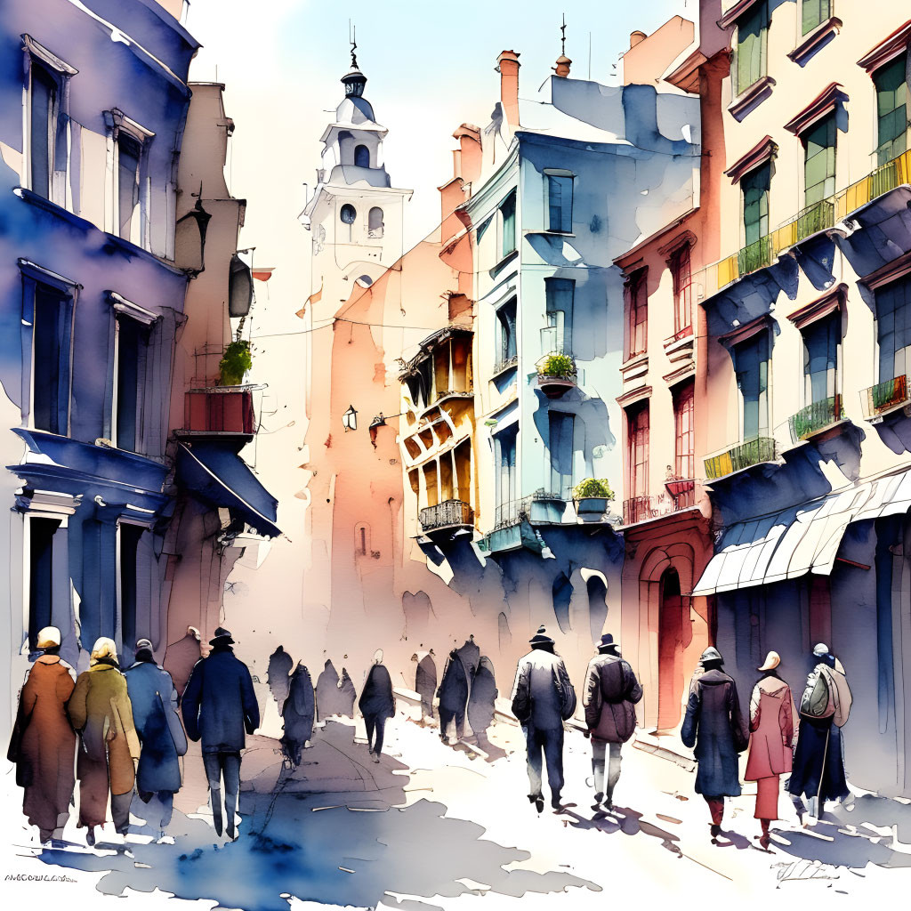 Colorful watercolor painting of people on a European street