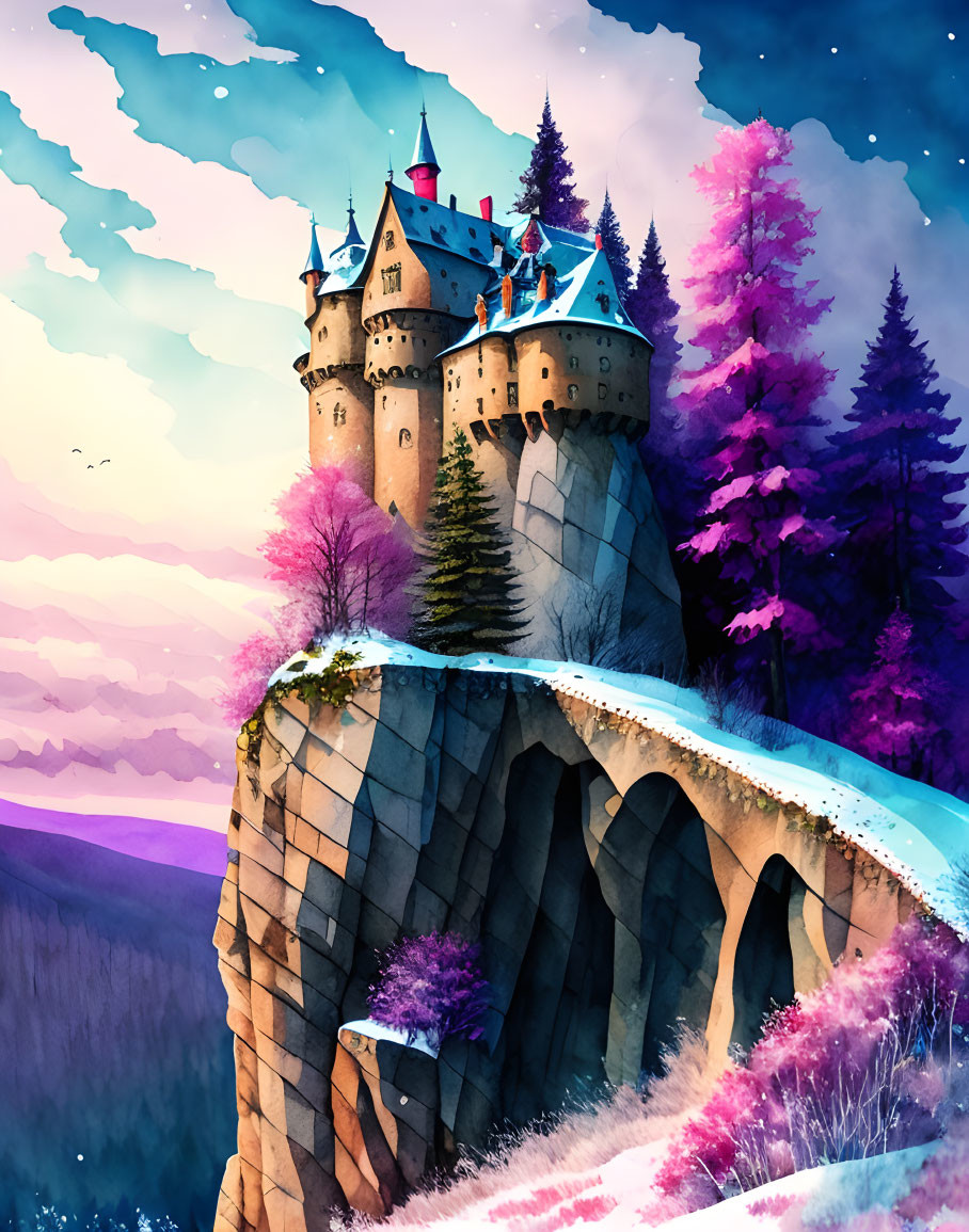 Colorful Fairytale Castle on Cliff with Sunset Sky