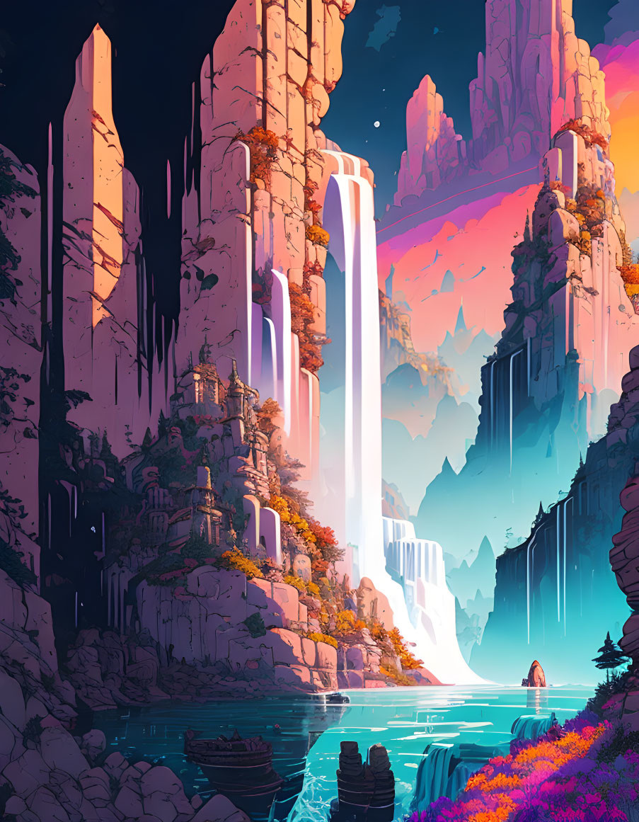 Mystical landscape with towering cliffs and waterfalls