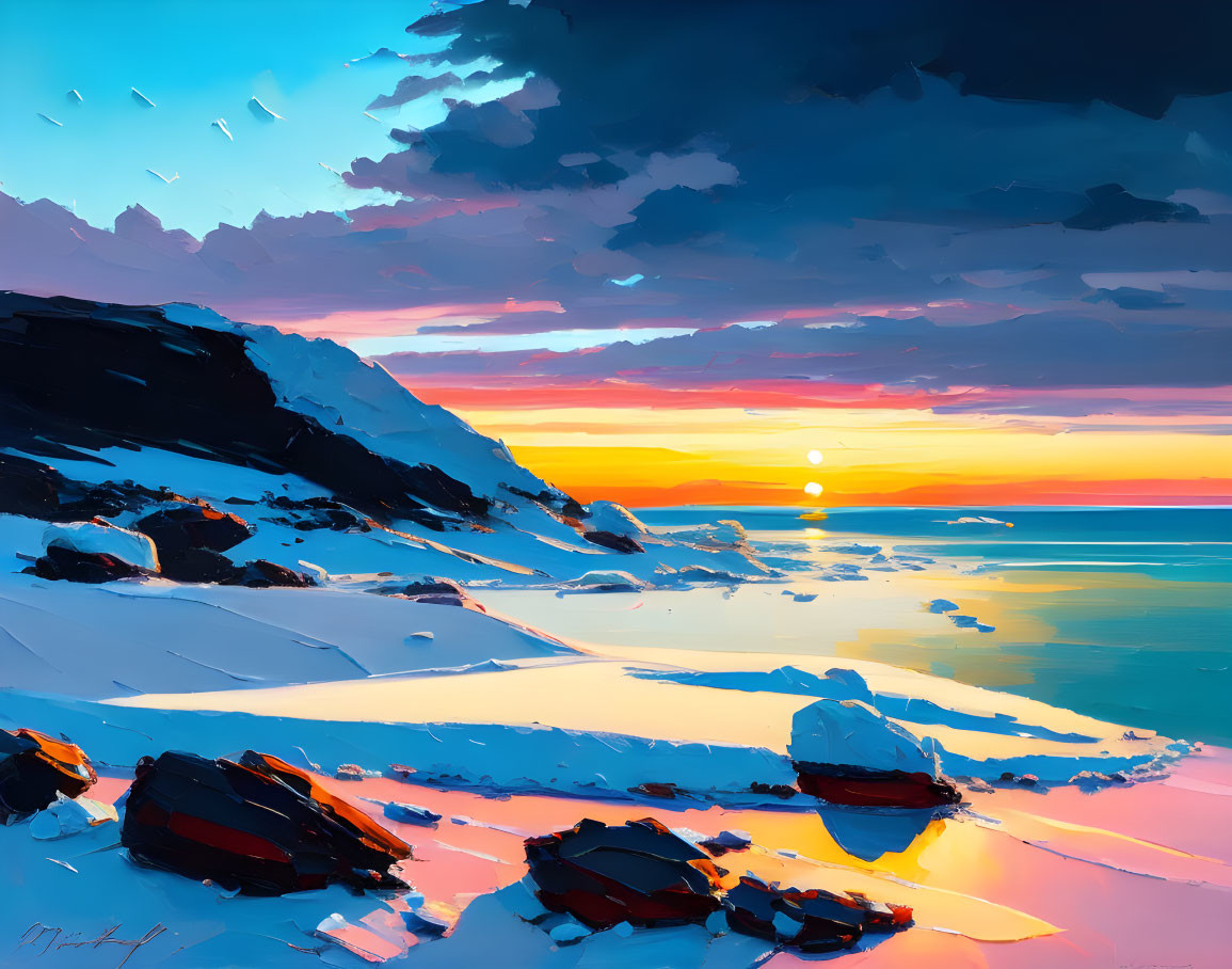 Vibrant Beach Sunset with Snowy Cliffs and Colorful Sky