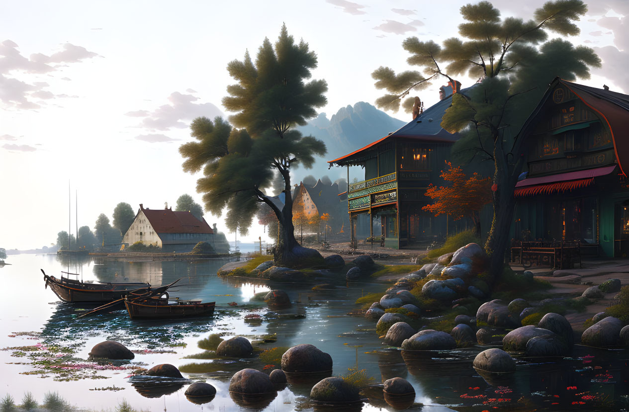 Tranquil lakeside village at dusk with boats, cabins, trees, and mountains.