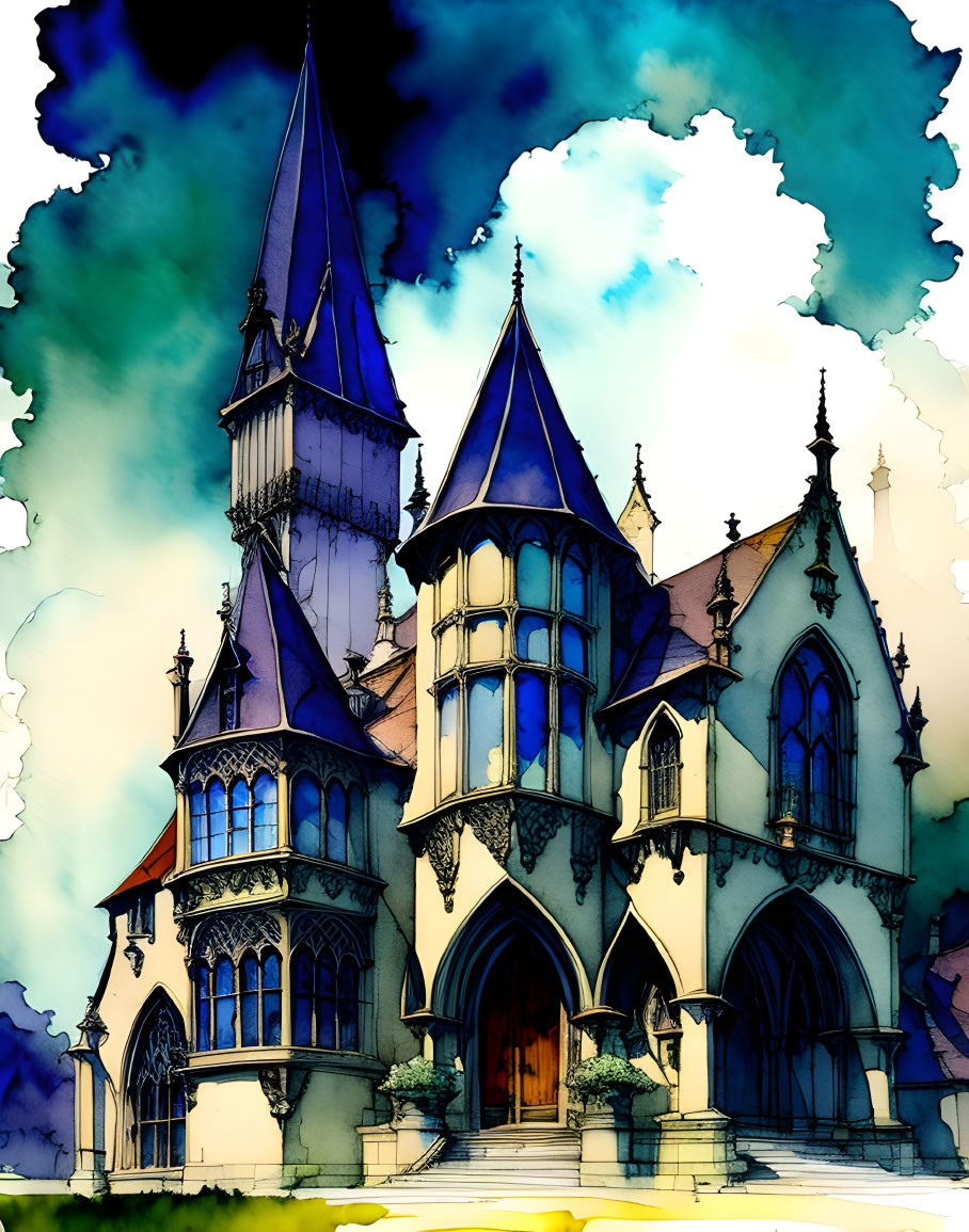 Vibrant Gothic-style Cathedral with Sharp Steeples on Dynamic Sky