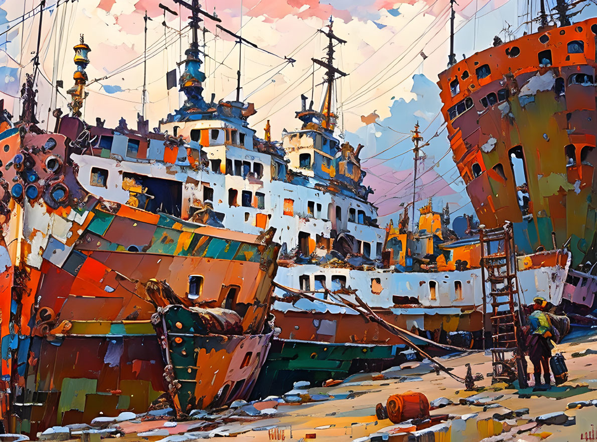 Vibrant shipyard painting with large ships and figures under colorful sky