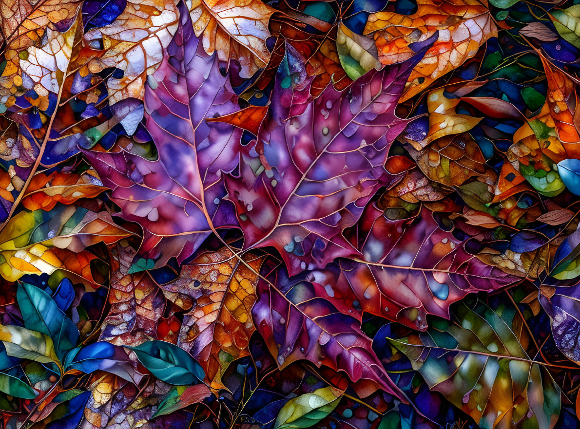 Multicolored autumn leaves with water droplets in vibrant display