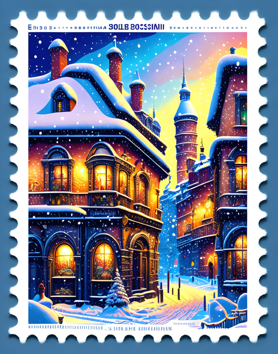 Victorian-style house with Christmas lights on snowy stamp.