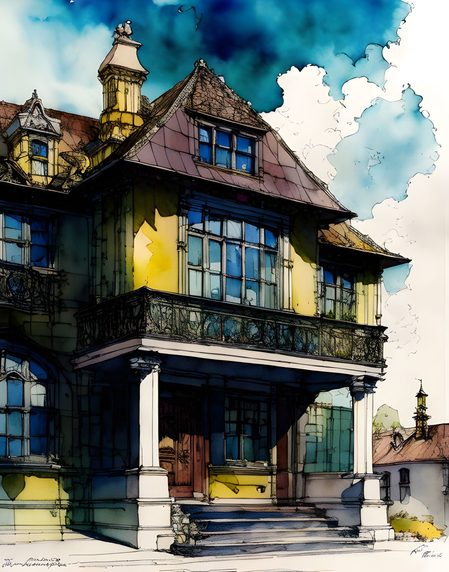 Vintage two-story house illustration with balcony and columns in watercolor and ink.