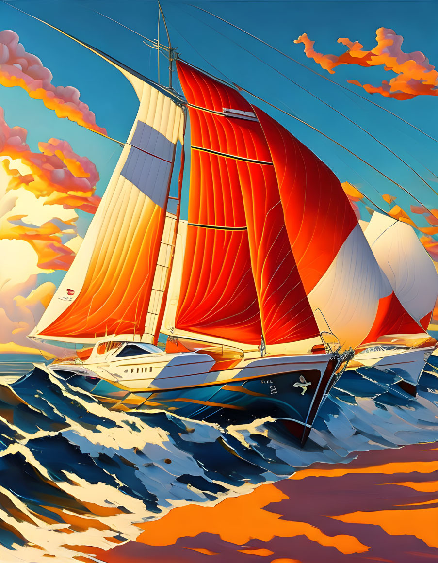 Sailing yacht with red sails on ocean at sunset