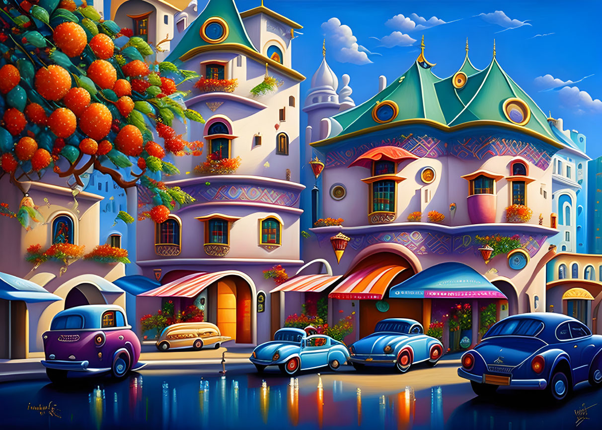 Whimsical painting of vibrant street with ornate buildings and classic cars