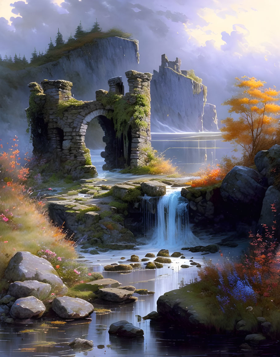 Stone arch bridge over waterfall in serene autumn landscape