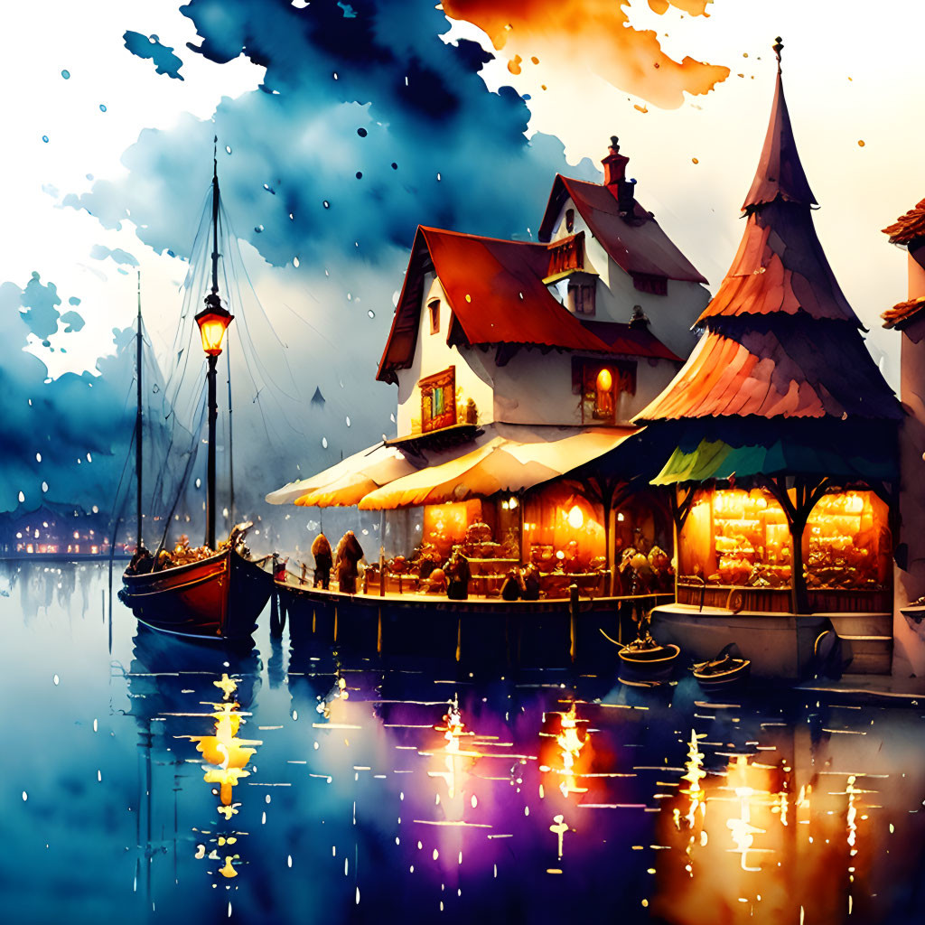 Illustration of colorful lakeside scene at dusk