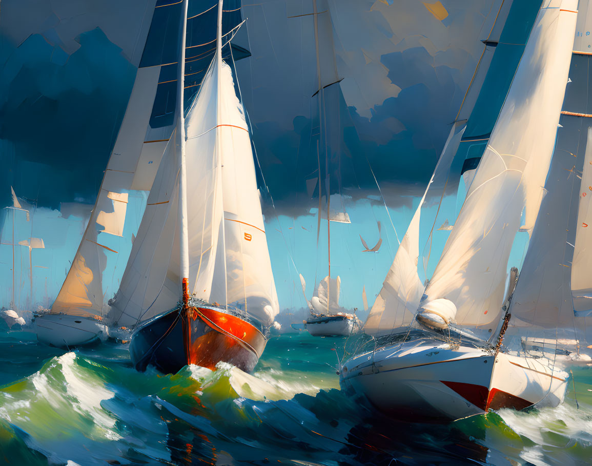 Vividly painted sailboats racing on choppy waters