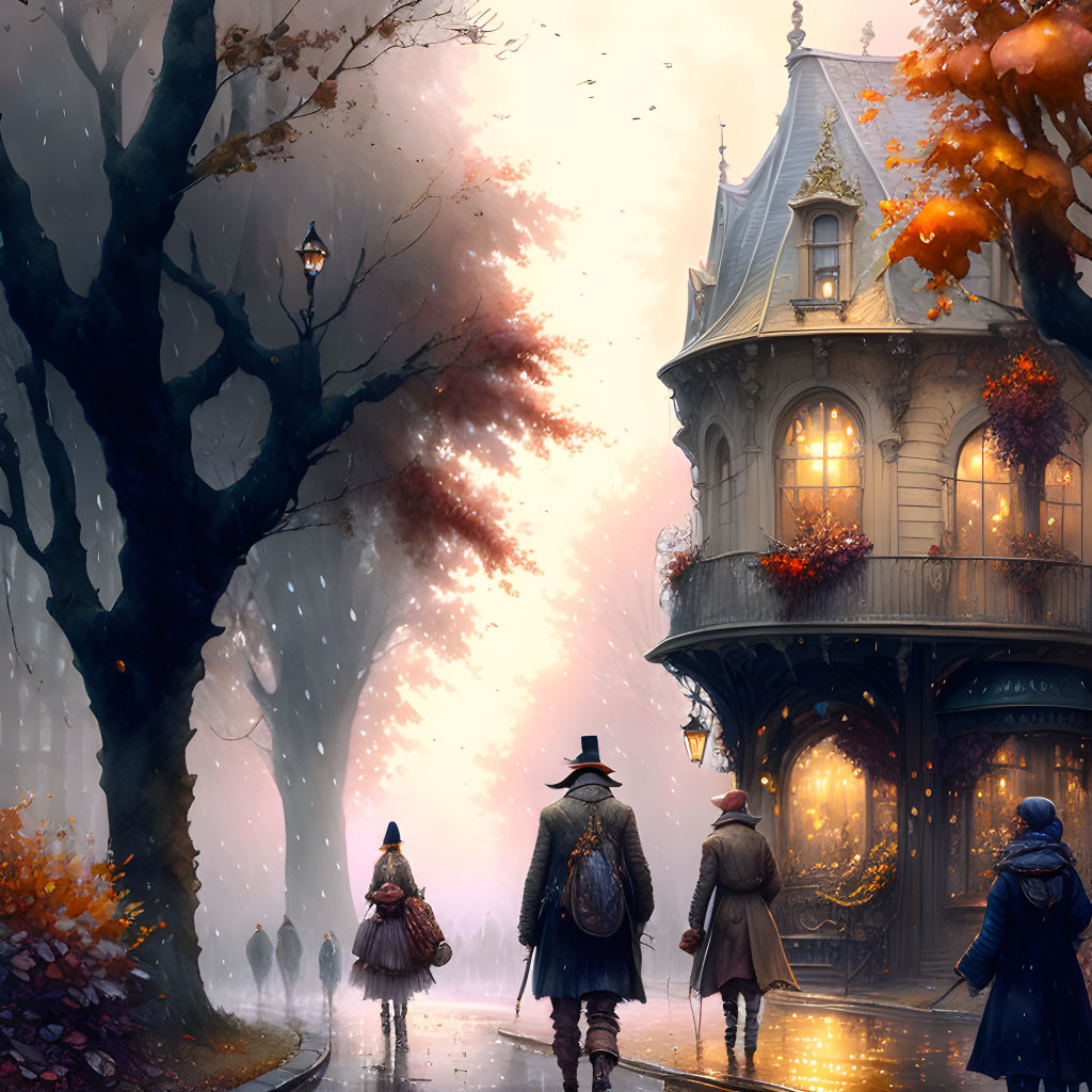 Victorian-style house in autumn setting with warm light and three figures, evoking cozy mystery