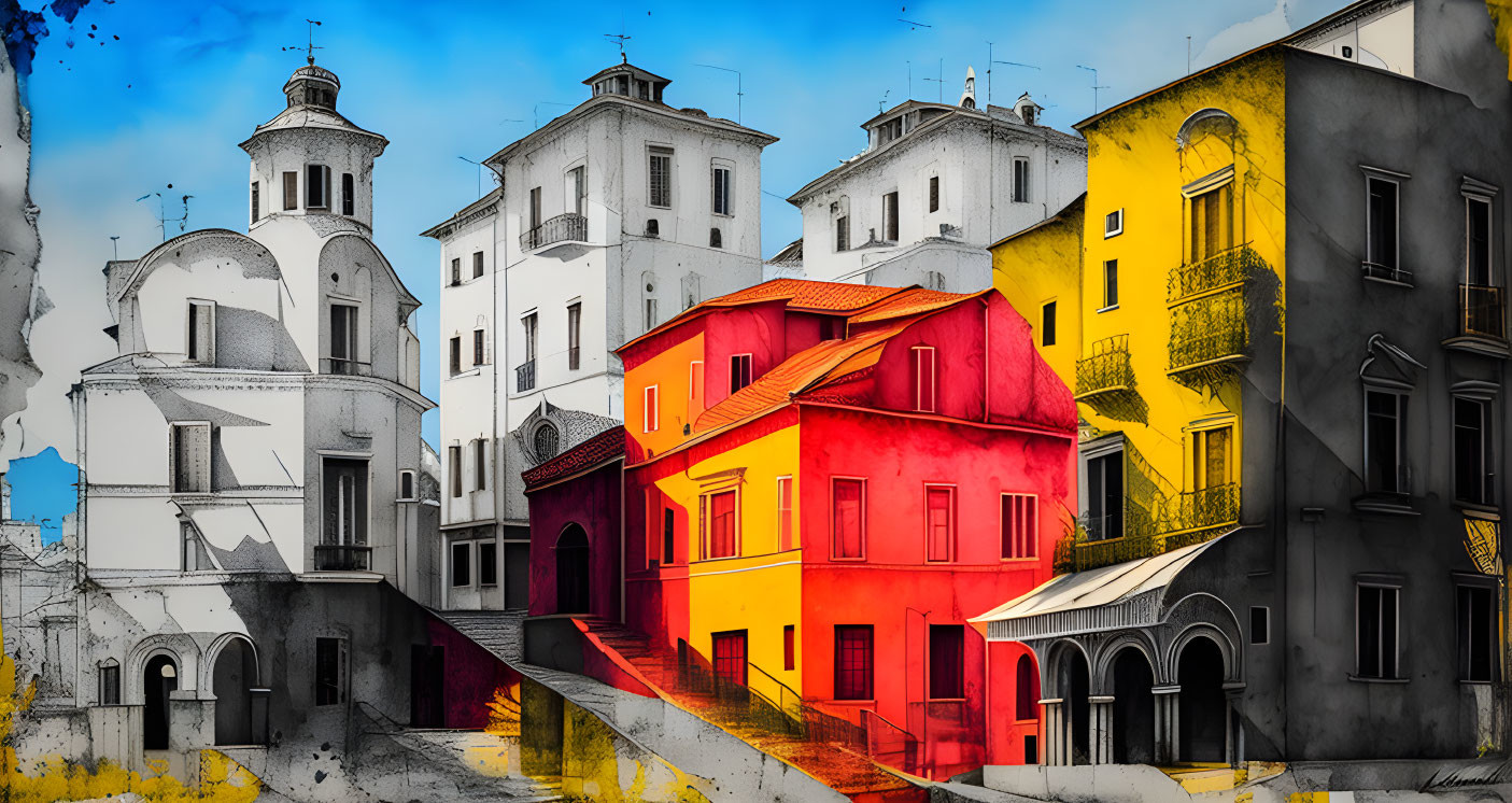 Vibrant red and yellow buildings in colorful urban architecture illustration