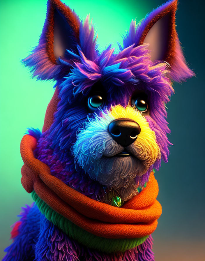 Vibrant 3D illustration of a dog with blue and purple fur and orange scarf