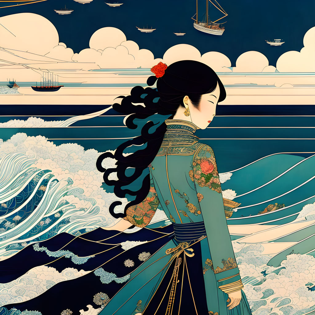 Illustrated woman with flowing hair by stylized sea in blue and gold palette