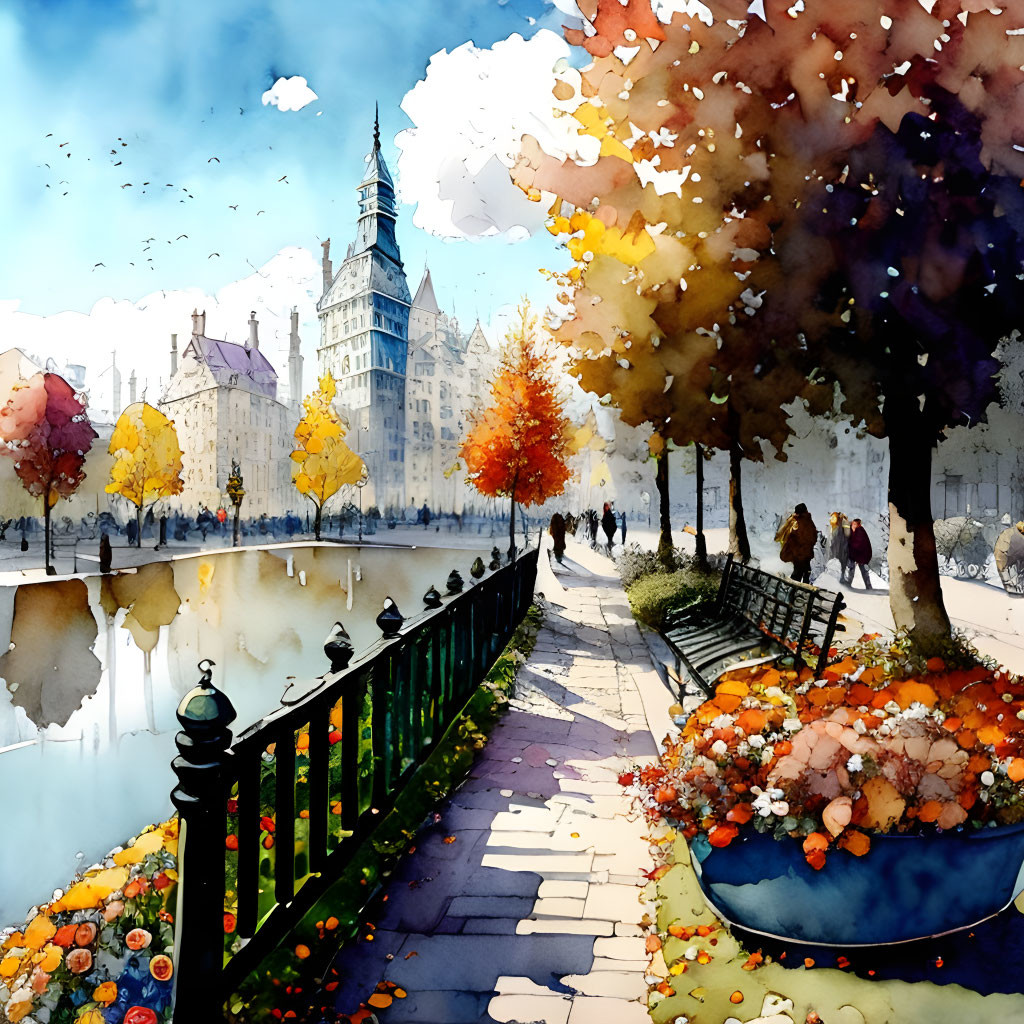 Colorful Watercolor Painting of Autumn Cityscape with River and Pedestrians