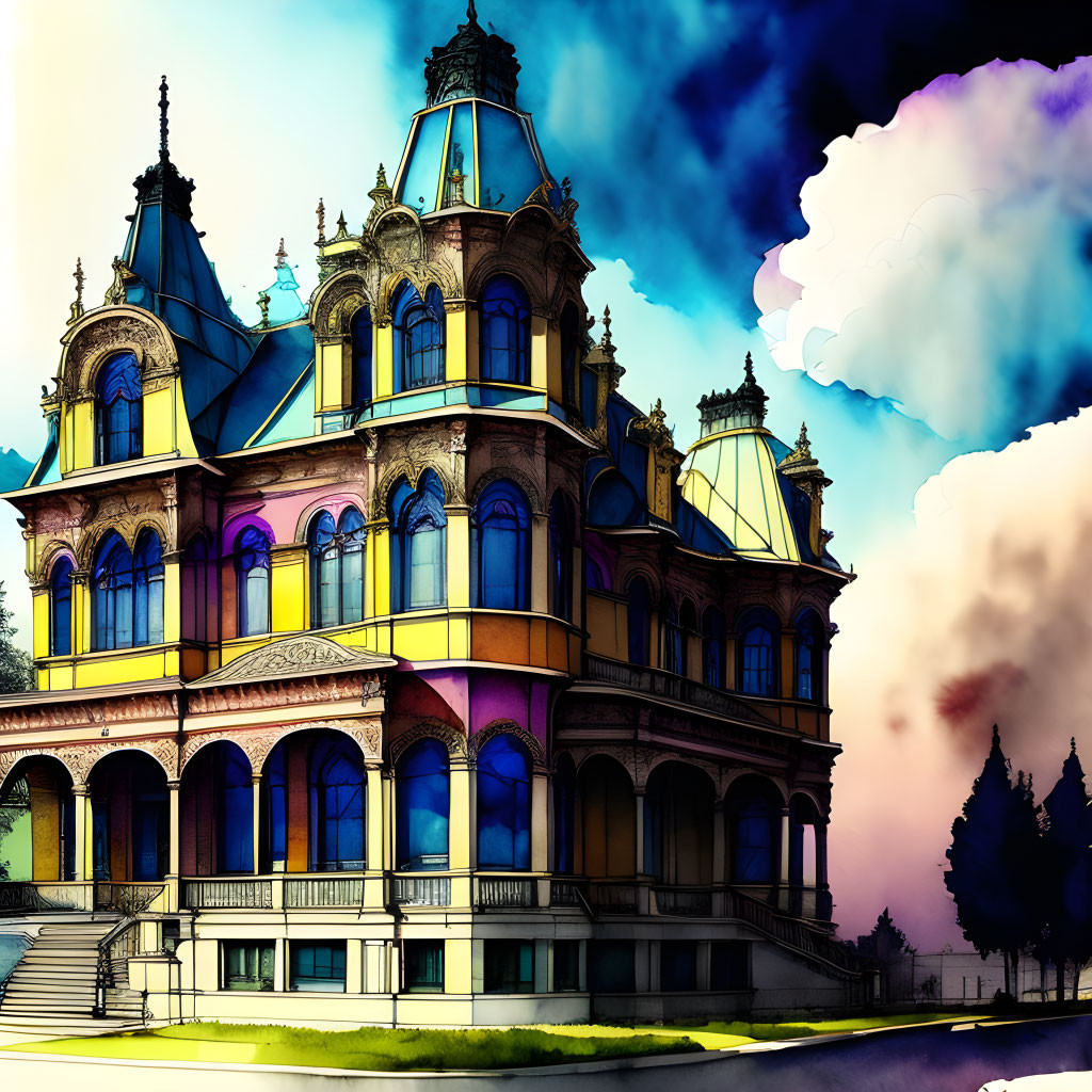 Colorful digital artwork: Victorian mansion against blue sky