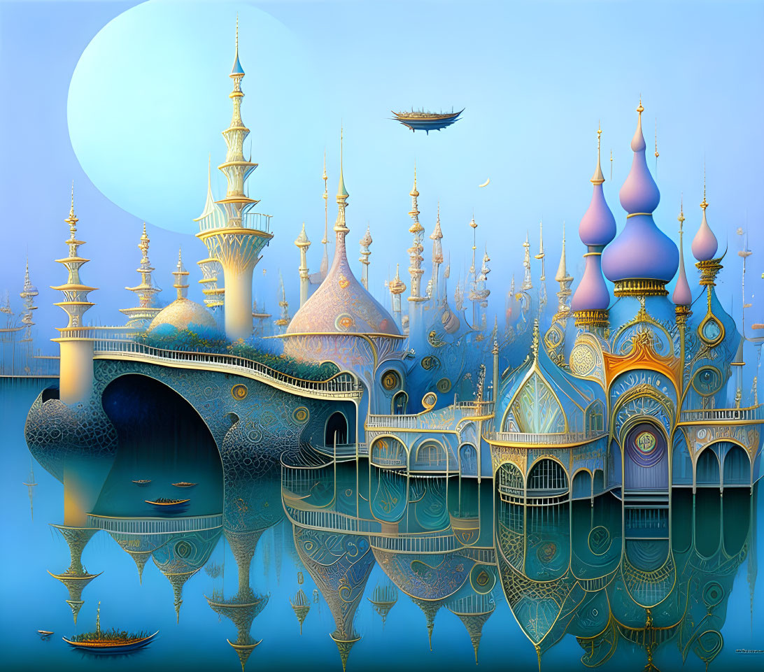 Fantastical cityscape with ornate buildings, moon reflection, and flying vessels