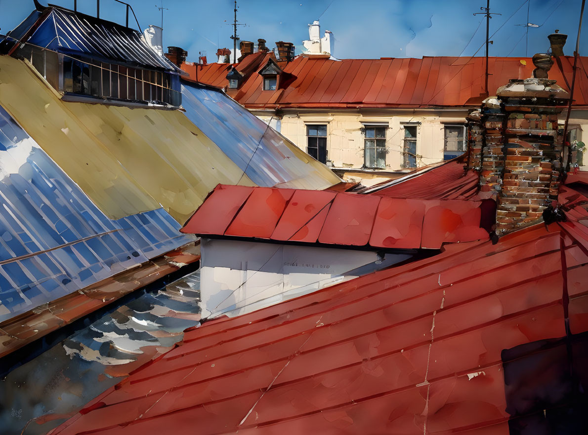 Vibrant rooftop pattern with red, blue, and yellow hues and chimneys under clear sky