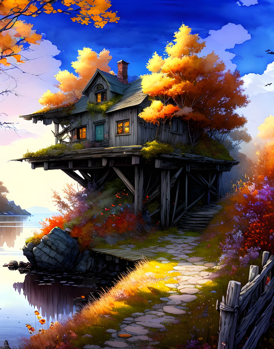 Wooden House on Stilts Surrounded by Autumn Foliage and Lake