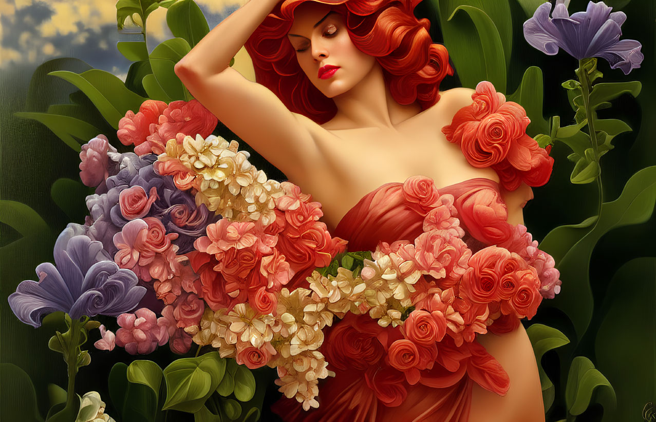 Stylized image of woman with red hair in floral dress among lush flowers and sunset sky