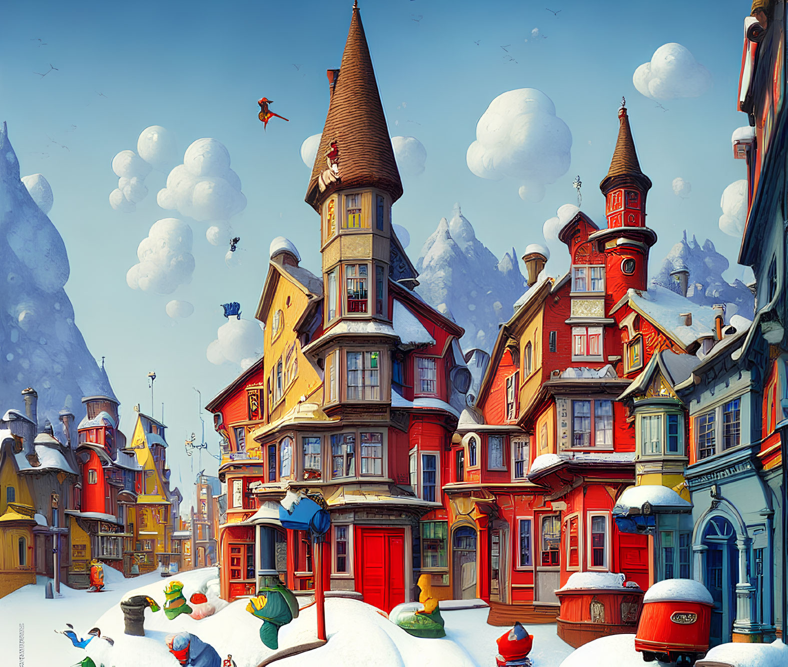 Colorful Winter Cartoon Village with Skier and Snowman