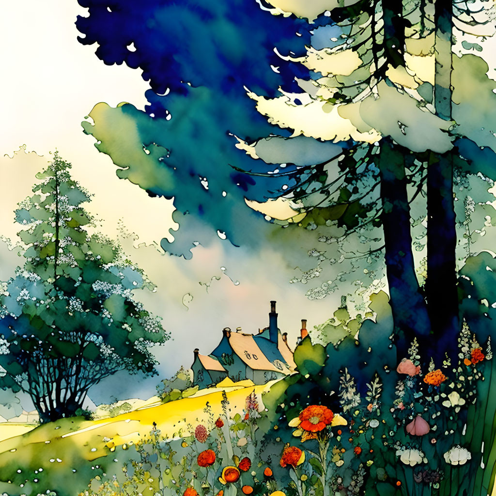 Colorful watercolor painting of a forest with vibrant flowers and a cozy house under a blue sky