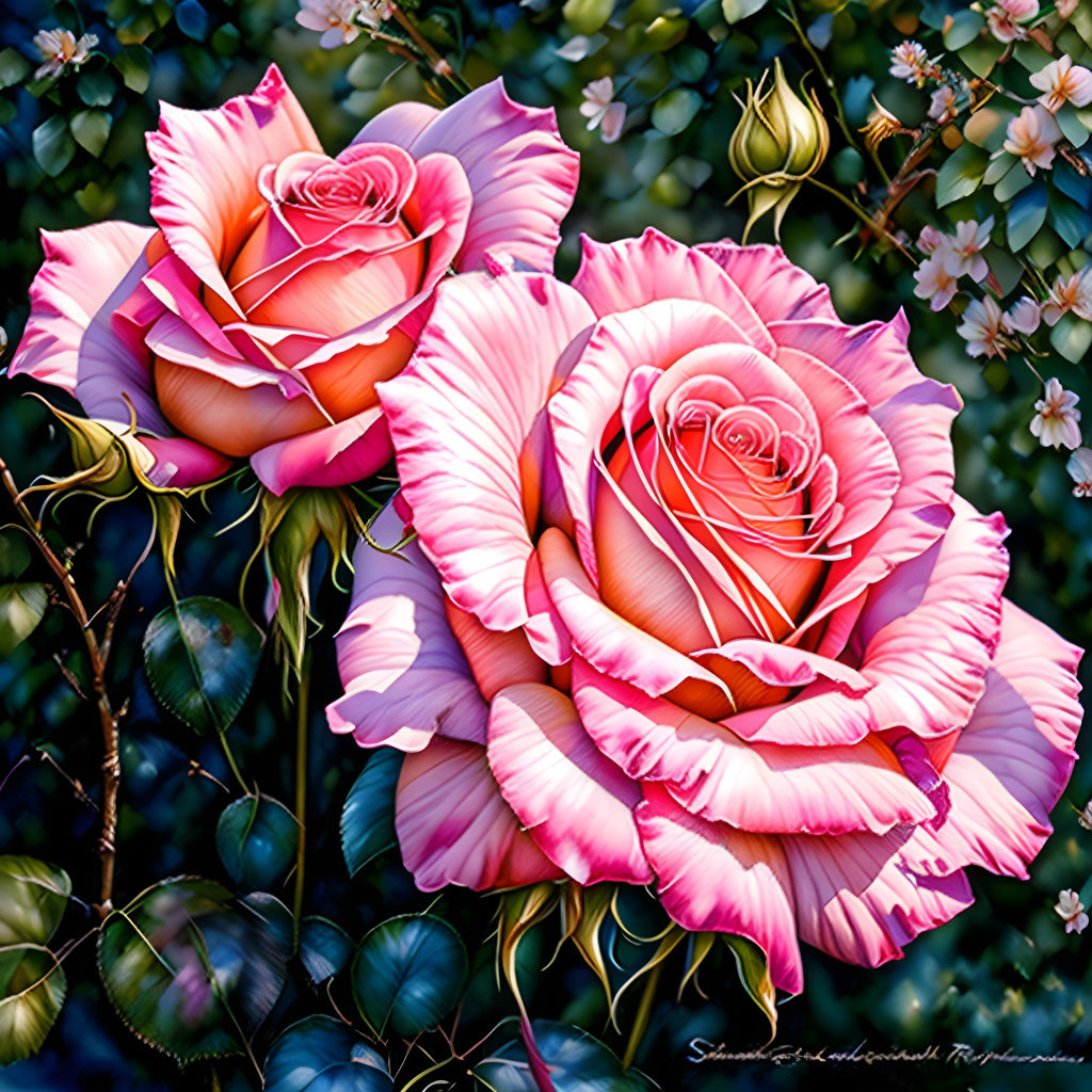 Vibrant pink and white striped roses in full bloom with lush greenery and buds.