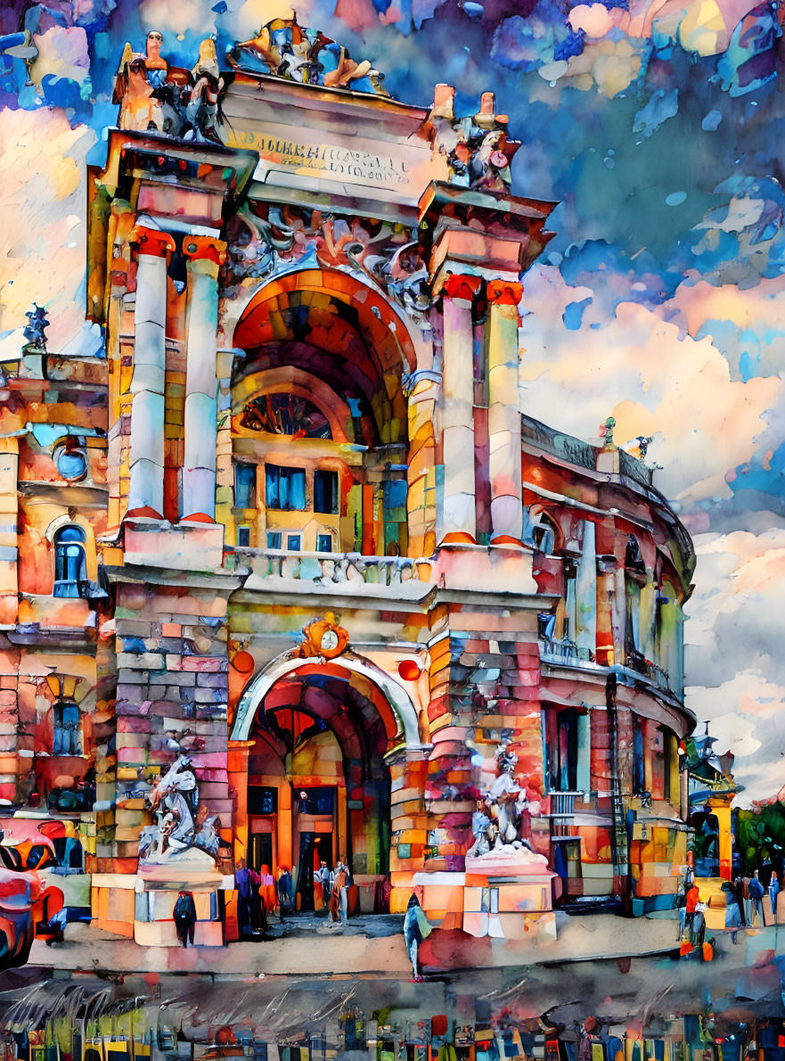 Colorful Watercolor Painting: Ornate Archway with Sculptures, People, and Dramatic Sky