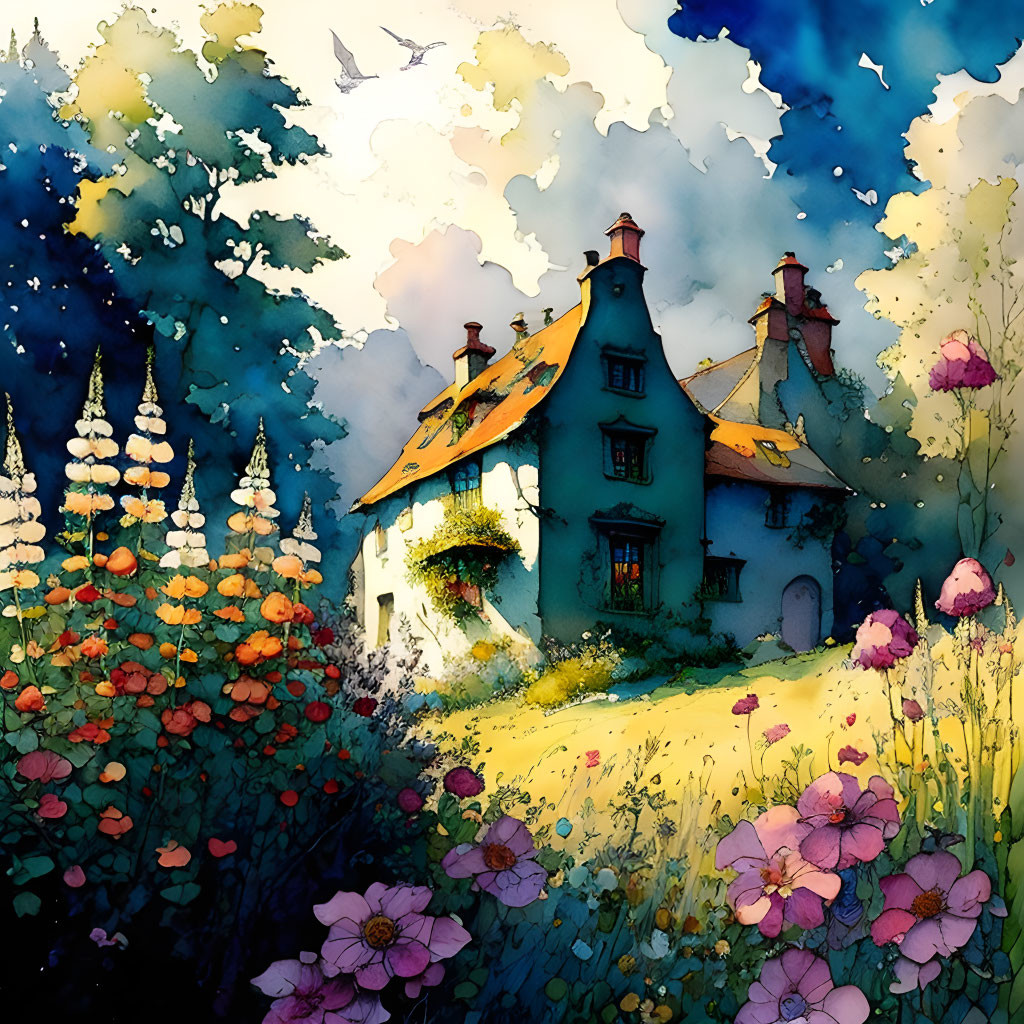 Charming cottage with vibrant flowers under dreamy sky