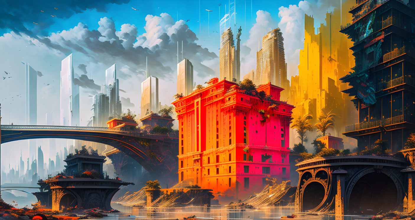 Futuristic cityscape blending ancient and modern architecture