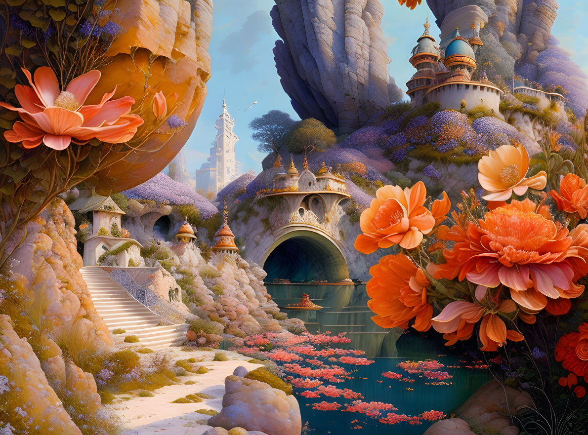 Colorful fantasy landscape with giant orange flowers, flowing rivers, and castle-like rock formations