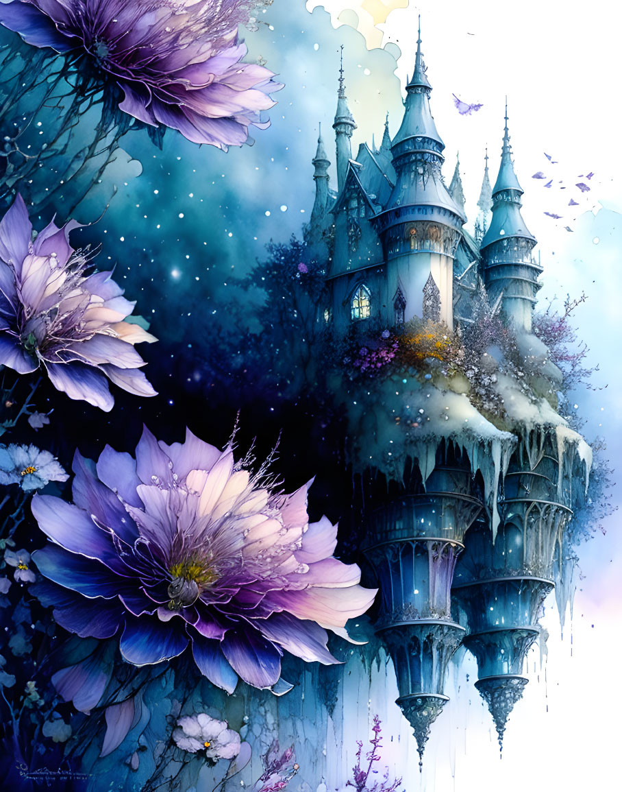 Fantastical castle on icy cliff with purple flowers under starry sky