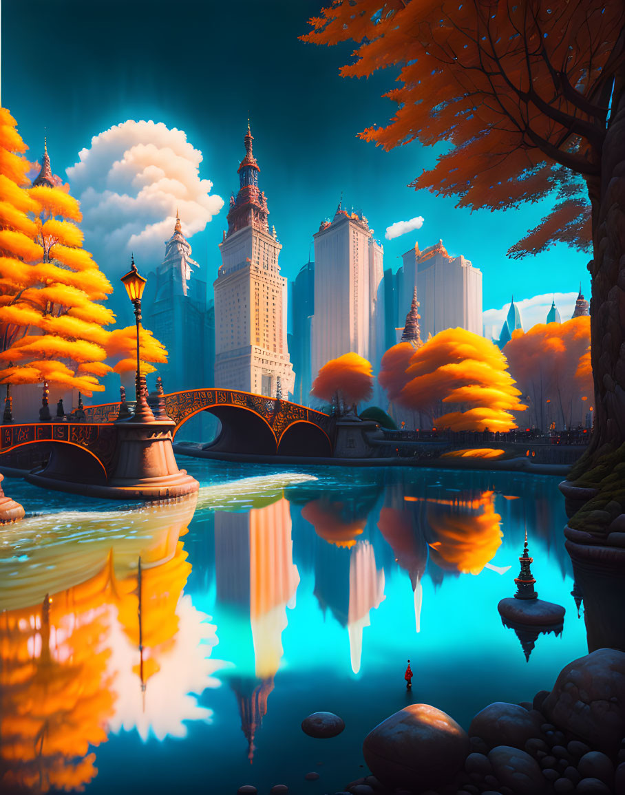 Scenic autumn landscape with golden-orange trees, blue river, bridge, and skyscrapers.