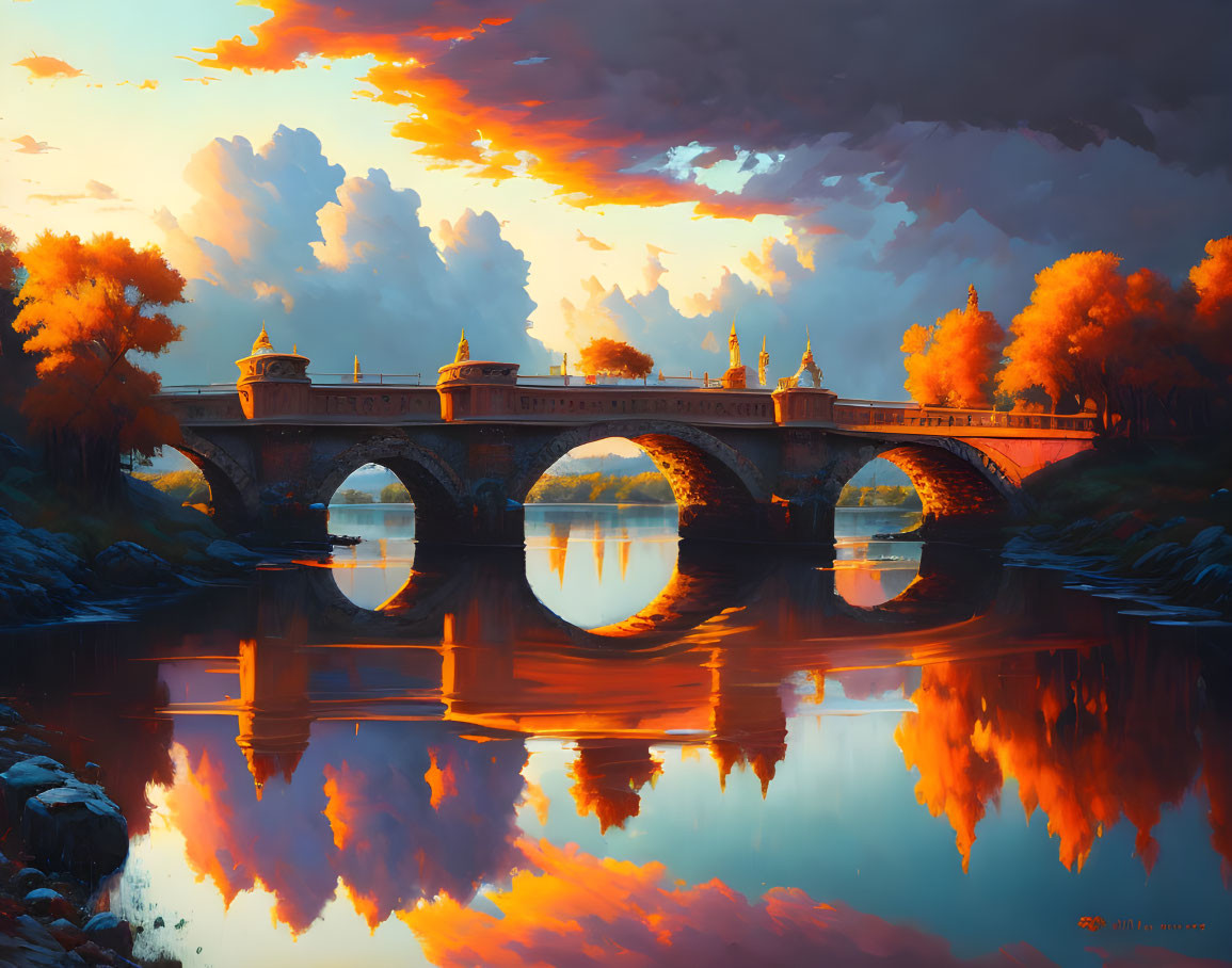 Ornate stone bridge over calm river at sunset with autumn trees