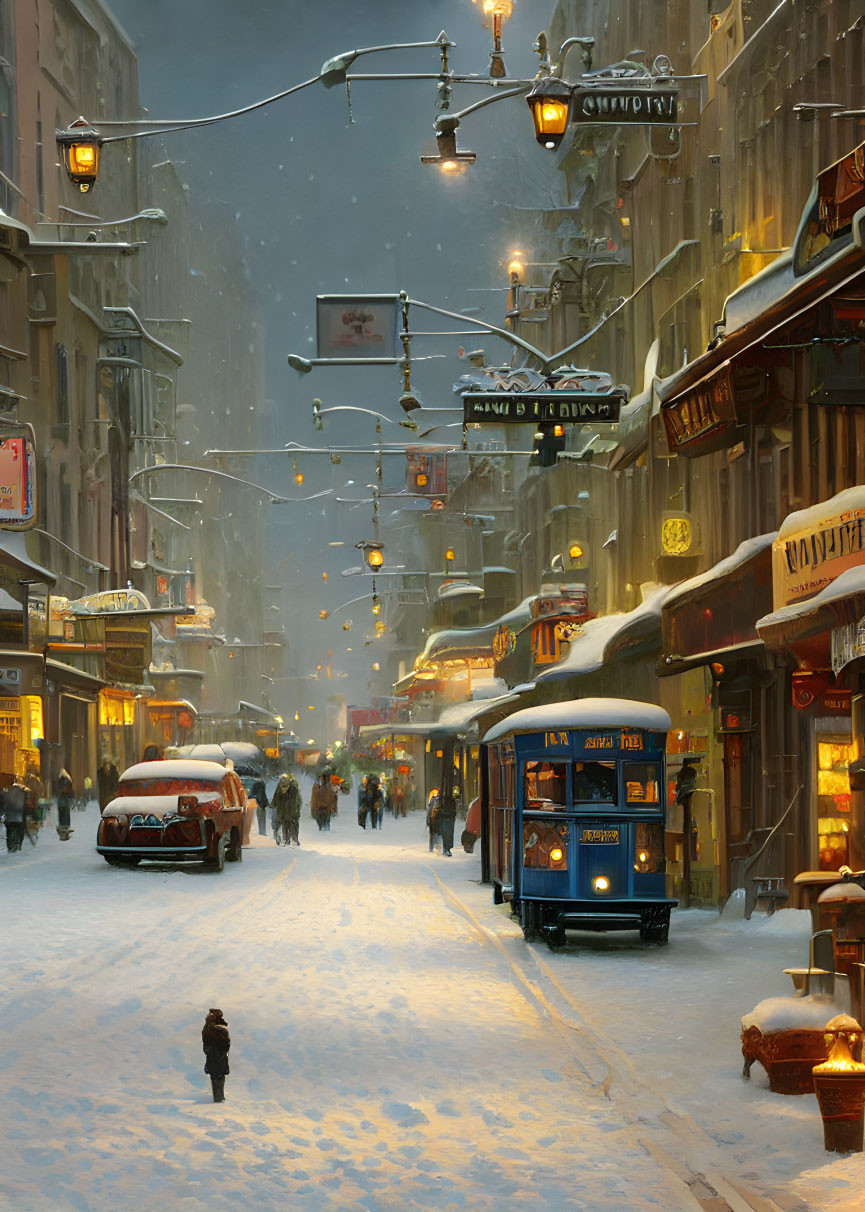 Snowy City Street at Dusk with Vintage Tram, Pedestrians, and Falling Snow